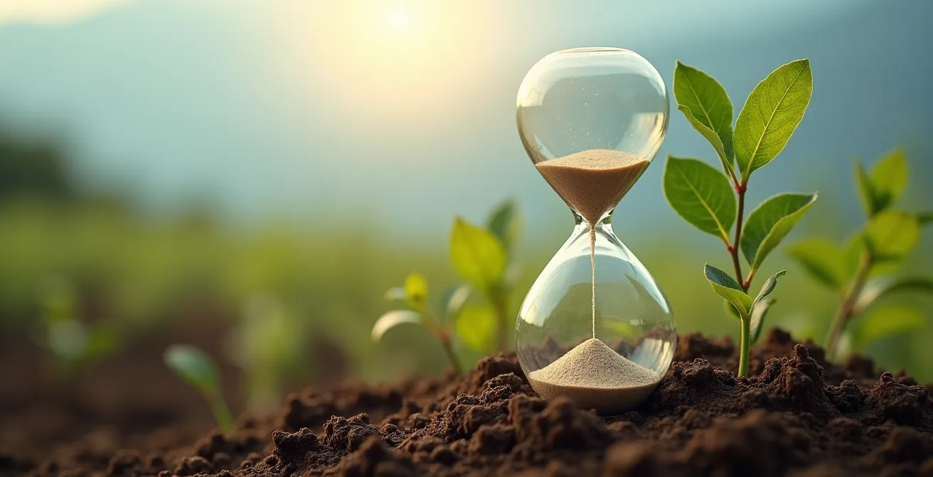 Composition artistique avec sablier entouré de végétation symbolisant le timing des projets écologiques