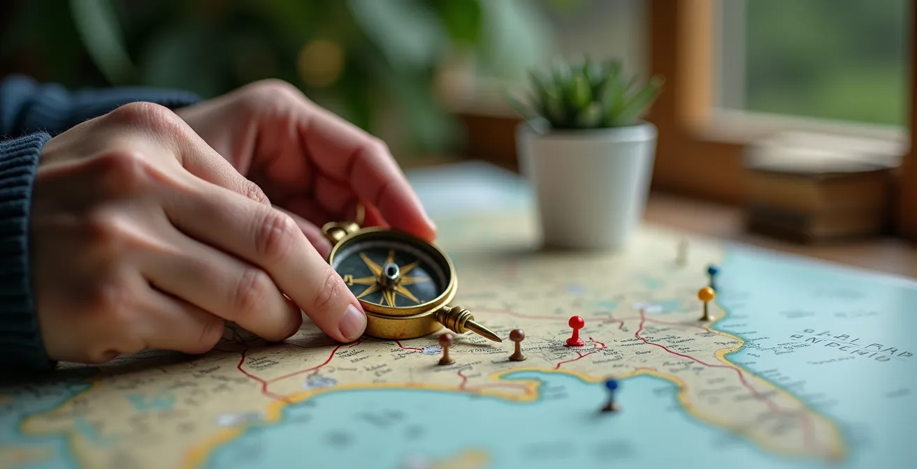 Mains tenant une boussole dorée au-dessus d'une carte topographique avec des épingles colorées marquant différents points